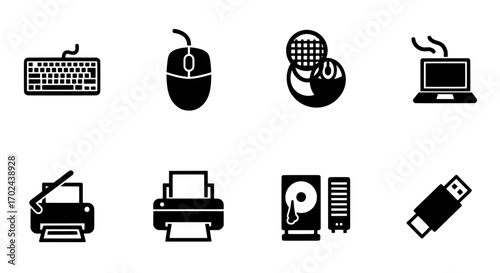 Set of Computer Devices Icons Keyboard, Mouse, Laptop, Printer, USB