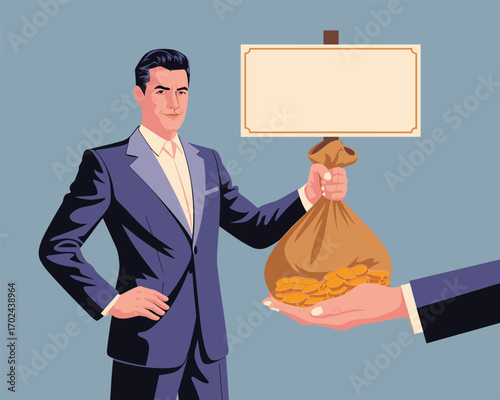 A flat vector illustration depicts a businessman exchanging a bag of money with a blank sign
