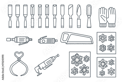 Set of Ice Carving Tools and Snowflake Stencils Including Chisels, Saws, Gloves, Rotary Tools, and Ice Block Clamps for Sculpture Making