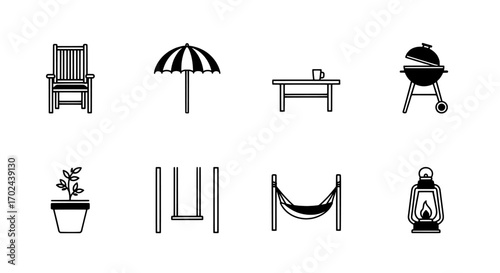 Outdoor Relaxation Icons Chair, Umbrella, Grill, and Leisure Elements