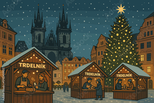 Christmas Market in Prague Old Town Square with Trdelník Stalls and Illuminated Tree at Night, Festive Winter Holiday Illustration