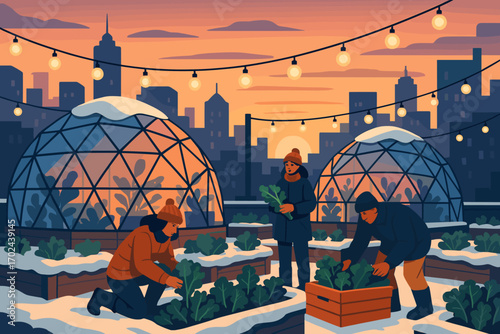 Urban rooftop farming in winter with people harvesting vegetables, geodesic greenhouses, city skyline at sunset and festive string lights, sustainable agriculture illustration