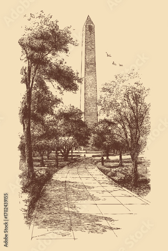 Washington Monument, Washington illustration in a vintage style. This vector illustration can be used in any size you like for advertising, logos, and other work.