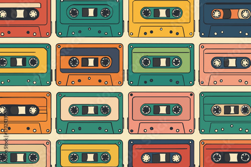 Seamless retro cassette tape pattern in colorful vintage style, nostalgic 80s and 90s music background illustration