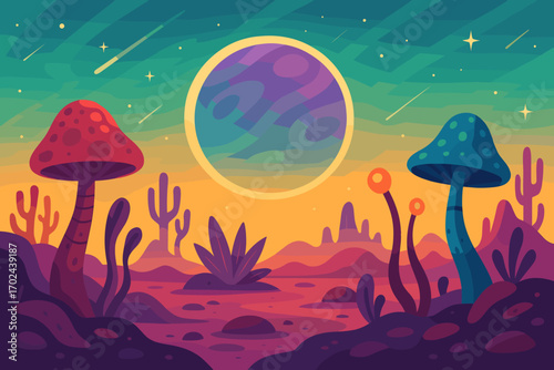 Colorful alien landscape illustration with giant mushrooms, extraterrestrial plants, and distant planet in vibrant sunset sky