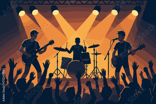 Live rock concert illustration with band performing on stage and energetic crowd under dramatic lighting