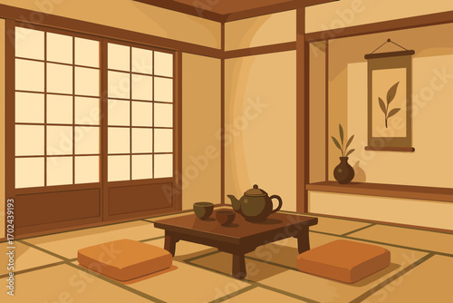 Traditional Japanese tatami room with low tea table, cushions, shoji doors and minimalist decor in warm tones