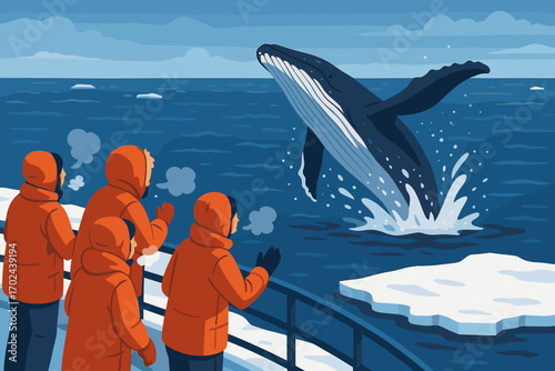 Illustration of Whale Watching Tour in Arctic Ocean with Humpback Whale Breaching Near Boat and Tourists in Winter Jackets