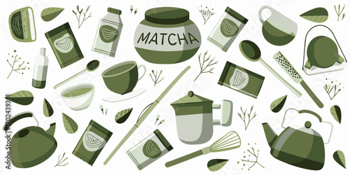 Collection of matcha tea preparation items and ingredients in a flat design style