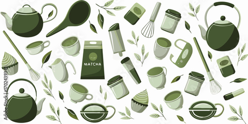 A vibrant collection of matcha tea accessories and treats scattered across a white background