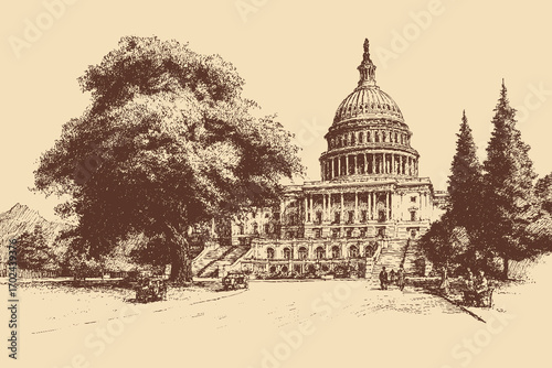 United States Capitol, Washington illustration in a vintage style. This vector illustration can be used in any size you like for advertising, logos, and other work.