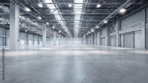Expansive Empty Warehouse Interior with Concrete Floor and High Ceilings for Storage or Manufacturing