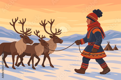 Indigenous person leading reindeer across snowy landscape at sunset, traditional Sami winter scene illustration