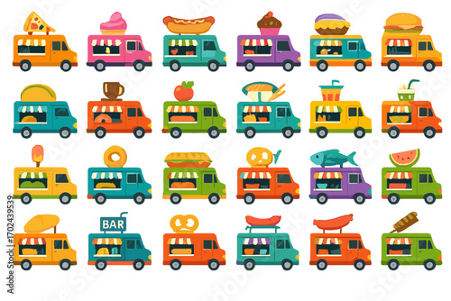 Colorful cartoon food trucks with various foods, fast food vans illustration, street food vehicles with pizza, burger, hot dog, taco, ice cream, coffee, bakery and drinks icons