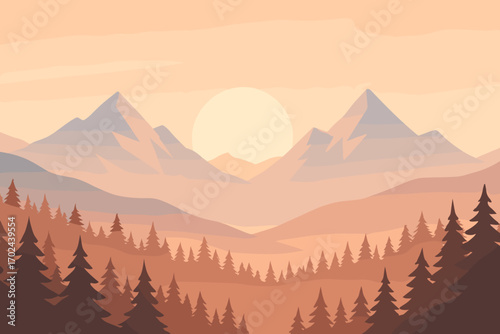 Minimalist landscape illustration of mountains and pine forest at sunrise with warm pastel tones, tranquil nature scenery and soft gradient sky