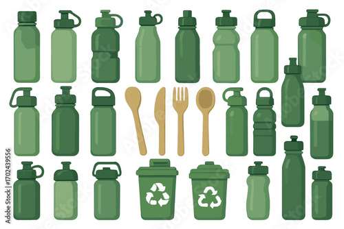 Eco friendly reusable water bottles and biodegradable wooden cutlery with recycling bins, sustainable lifestyle green illustration promoting zero waste and environmental awareness