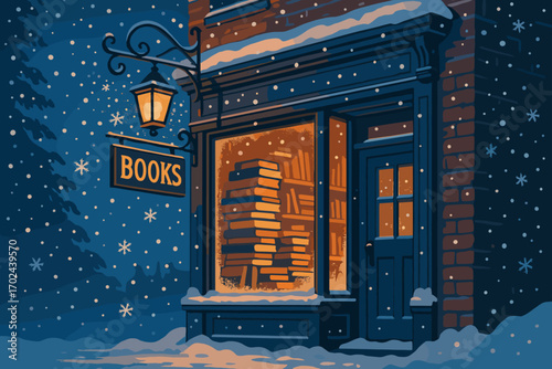 Cozy Bookstore at Night During Winter Snowfall with Warm Interior Lighting