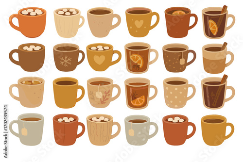 Cozy Hot Beverages in Assorted Mugs with Marshmallows, Tea, Citrus and Cinnamon – Warm Winter Drink Collection