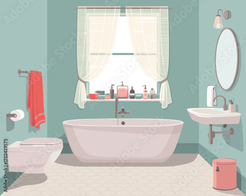 Bright and clean bathroom interior design with a freestanding tub and window