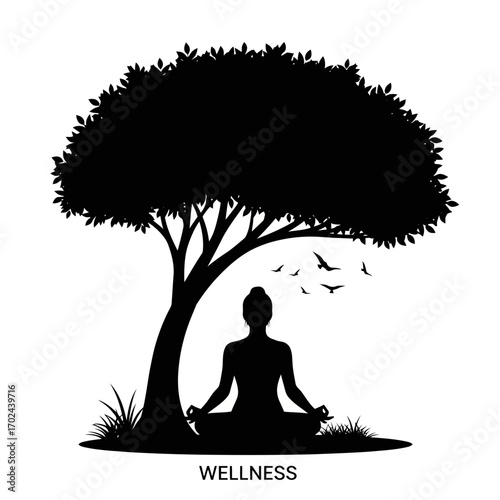 Silhouette of person meditating under a tree with birds flying isolated on white background