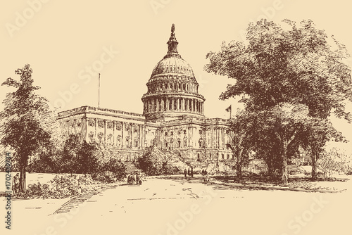 United States Capitol, Washington illustration in a vintage style. This vector illustration can be used in any size you like for advertising, logos, and other work.