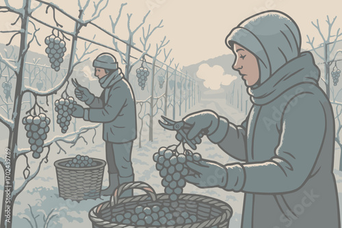 Winter vineyard harvest with workers picking frozen grapes for ice wine on snowy morning