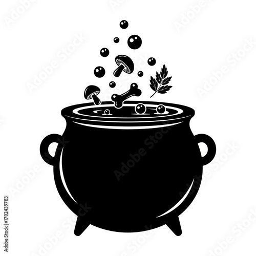 Witch s cauldron with bubbling potion and ingredients silhouette isolated on white background