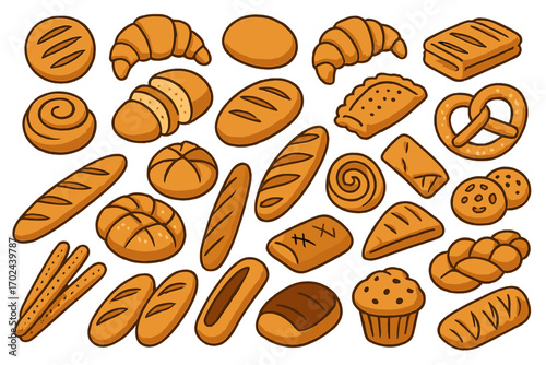 Hand-Drawn Icon Set of Breads, Pastries, and Bakery Items on Warm Brown Background