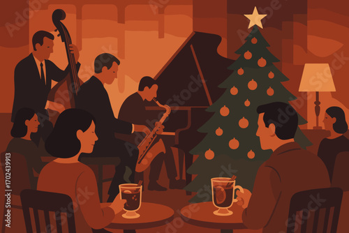 Cozy Christmas Jazz Night Illustration with Live Band, Holiday Drinks, and Decorated Tree