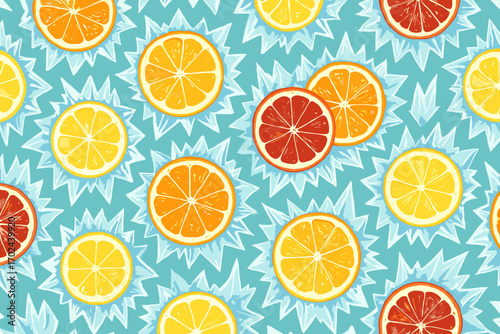 Seamless citrus fruit pattern with orange, lemon, and grapefruit slices surrounded by icy shapes on teal background for fresh and cool designs
