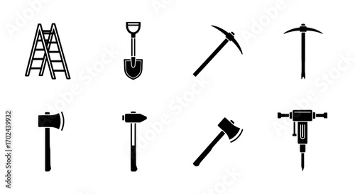 Construction Tools Collection Ladder, Shovel, Pickaxe, Axe, Hammer, Drill - Vector Set