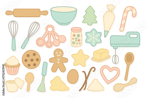 Cute pastel baking and cookie decorating icons with Christmas and holiday themed ingredients and utensils in a soft warm glow style