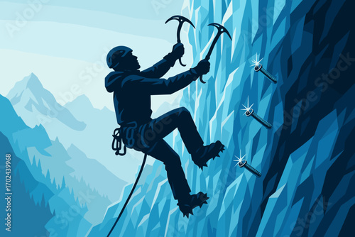 Silhouette of ice climber scaling a frozen mountain wall with ice axes and crampons in winter alpine landscape