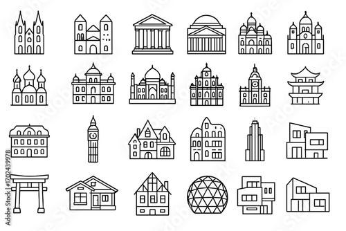 Black and white architectural icon set featuring historic landmarks, modern buildings, religious temples, and global monuments on gray background