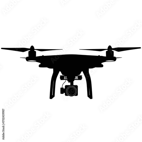 Black silhouette of a camera drone isolated on white background