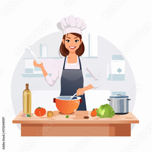 Cheerful Female Chef Preparing a Delicious Dish in Her Kitchen