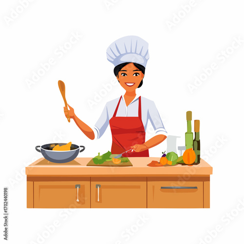 Smiling Female Chef Preparing Food with Wooden Spoon and Knife