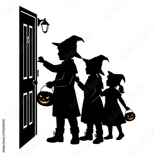 Children in witch hats trick or treating silhouette isolated on white background