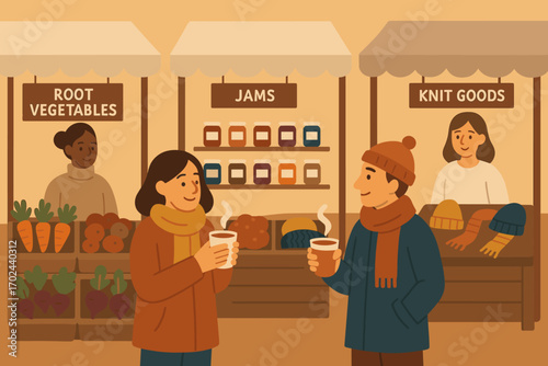 Couple Drinking Hot Beverages at Outdoor Winter Market with Vegetables, Jams, and Knit Goods