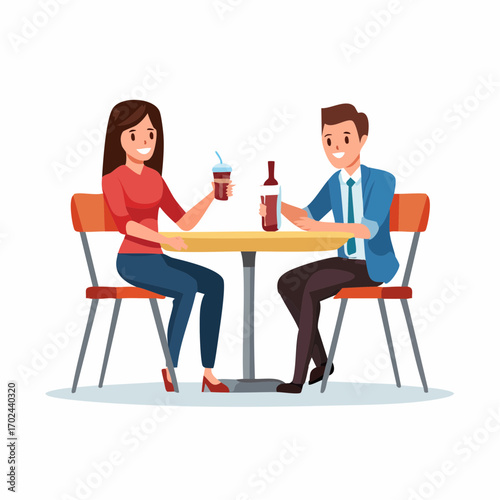 Animated couple at table with drinks woman holding iced coffee man with wine