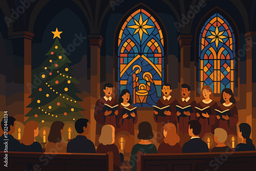 Christmas Choir Singing in Candlelit Church with Nativity Stained Glass and Decorated Tree