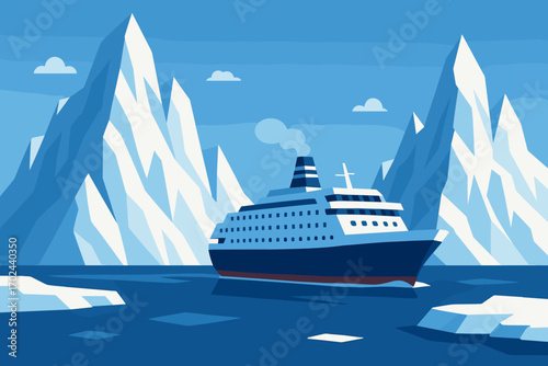 Cruise ship navigating icy polar waters with snow-covered mountains and floating icebergs under clear blue sky