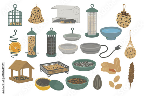 Bird feeder and bird seed collection with various food types and feeding stations for backyard wildlife care