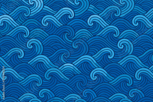 Seamless ocean wave pattern in hand-drawn style with swirling blue sea lines and marine texture