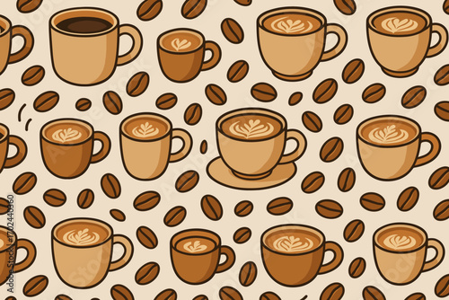 Seamless coffee pattern with latte art cups and coffee beans in warm brown tones