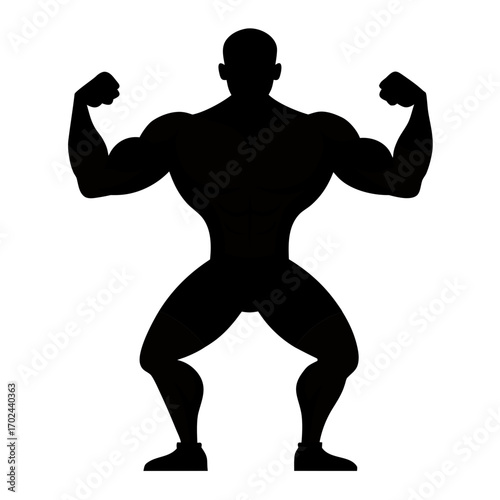 Power Silhouette: A silhouette of a muscular figure flexing, embodying strength, fitness, and determination. Demonstrating power and physique.