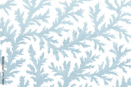 Delicate seamless frosty pattern with icy feathered branches on pale blue background