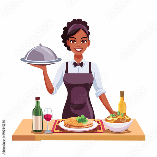 Smiling Waitress Serving Food on a Tray