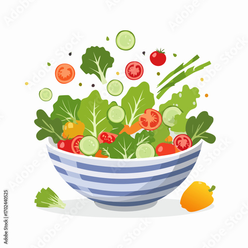 Fresh and Colorful Salad Bowl with Floating Vegetables and Greens