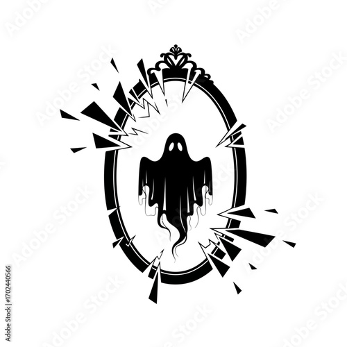 Ghost escaping broken mirror silhouette isolated on white background